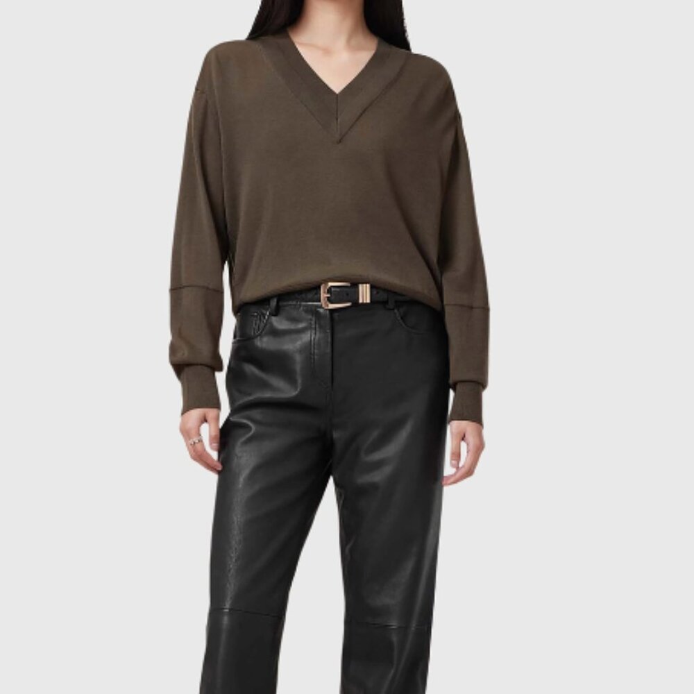 All Saints Julieanna Fall Brown Medium Long Sleeve V-Neck Jumper Sweater